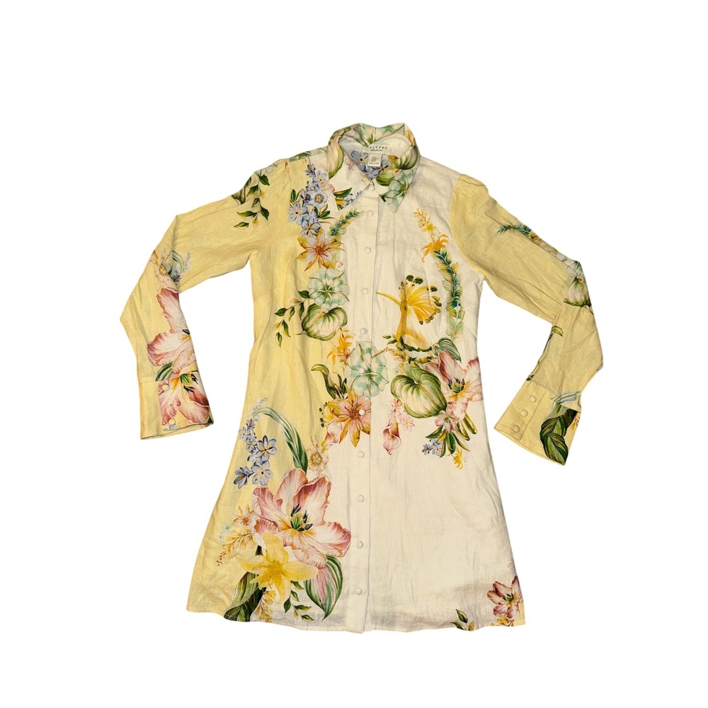 Calypso St Barth Floral Tunic Dress Women XS Yellow Tropical Linen ButtonUp